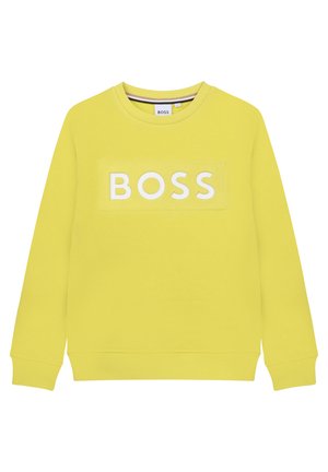 Felpa gialla con collo a giro, maniche lunghe e un logo bianco "BOSS" su una toppa rettangolare sul davanti. Tessuto morbido.