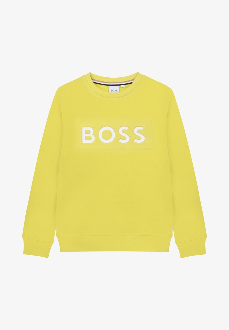 Felpa gialla con collo a giro, maniche lunghe e un logo bianco "BOSS" su una toppa rettangolare sul davanti. Tessuto morbido.