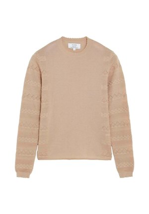 Suéter beige de manga larga con patrones geométricos texturizados en las mangas y los costados, cuello redondo y puños acanalados.