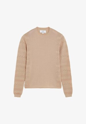 Suéter beige de manga larga con patrones geométricos texturizados en las mangas y los costados, cuello redondo y puños acanalados.