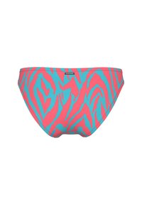 Bikini-Höschen mit Zebra-Muster in einer pink-blauen Farbgebung, aus elastischem Material gefertigt, mit glatter Oberfläche und elastischem Bund.