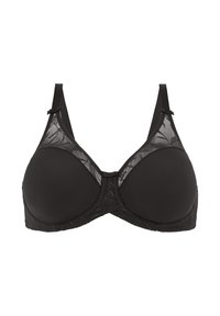 Sort bh med polstrede skåle, prydet med lace-paneler øverst, justerbare stropper, en hægte-lukning og teksturerede detaljer langs båndet.