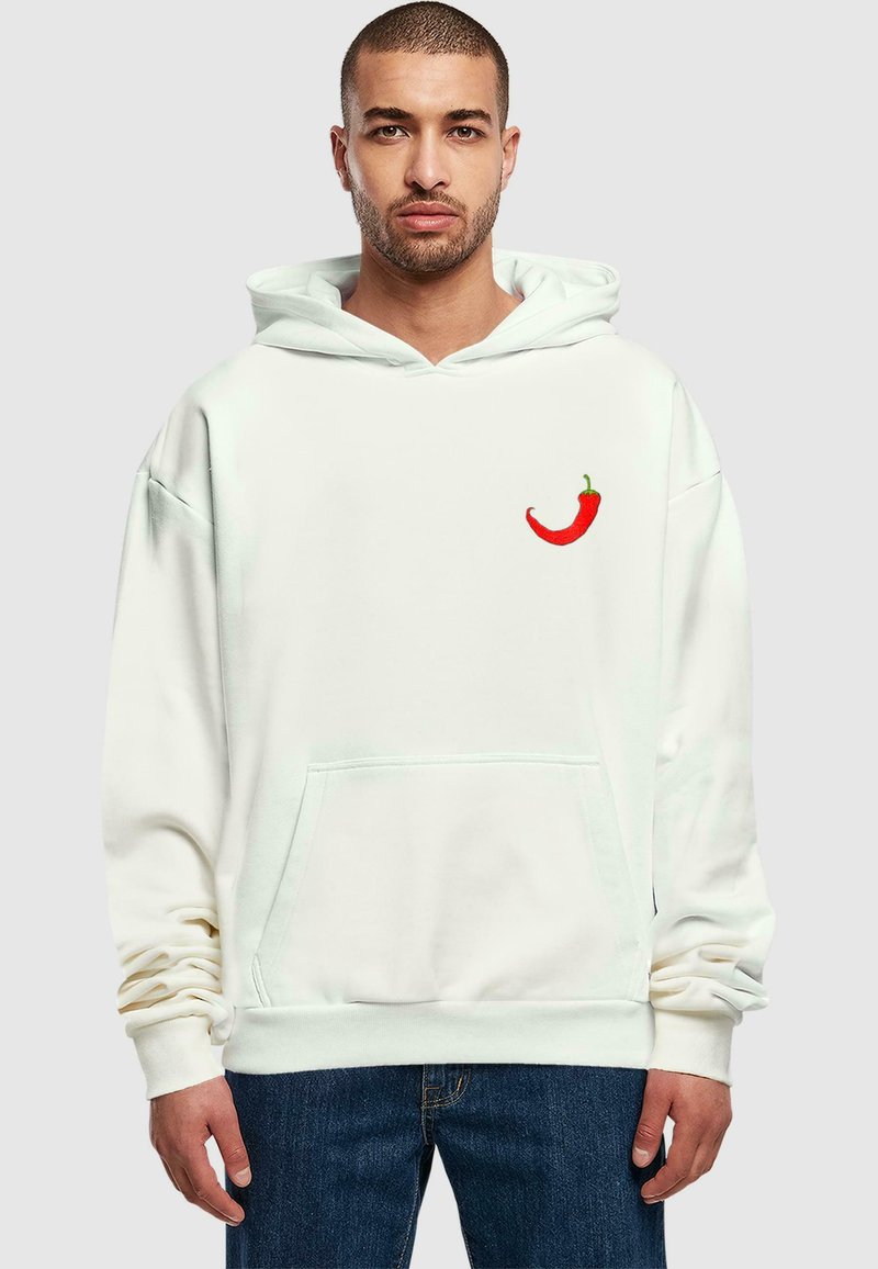 White hoodie made from soft fabric, featuring a red chili pepper embroidery on the chest and a kangaroo pocket in the front.