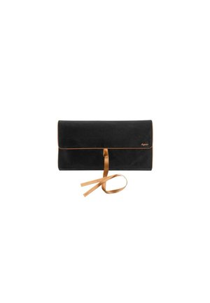 Sort rektangulær rejsepose med tan kant og bånd, lille "dyson" logo i øverste højre hjørne.