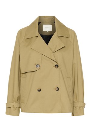 Trench coat beige de doble botonadura con gran cuello, bolsillos laterales y detalles de botones. Confeccionado en una tela texturizada con un corte holgado.