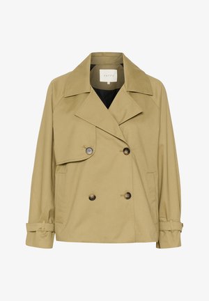 Khaki double-breasted trench coat with large collar, side pockets, and button accents. Made from textured fabric with a relaxed fit.