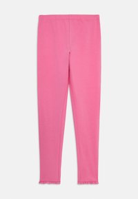 Pink leggings made of soft fabric, featuring a stretchy waistband and ruffled hem detail at the ankles. Smooth, casual design.