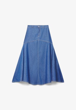 Blauer Jeansrock in A-Linie mit Gürtelschlaufen, vorderer Knopfleiste und Nähten, die von der Hüfte bis zum Saum eine ausgestellte Form erzeugen.