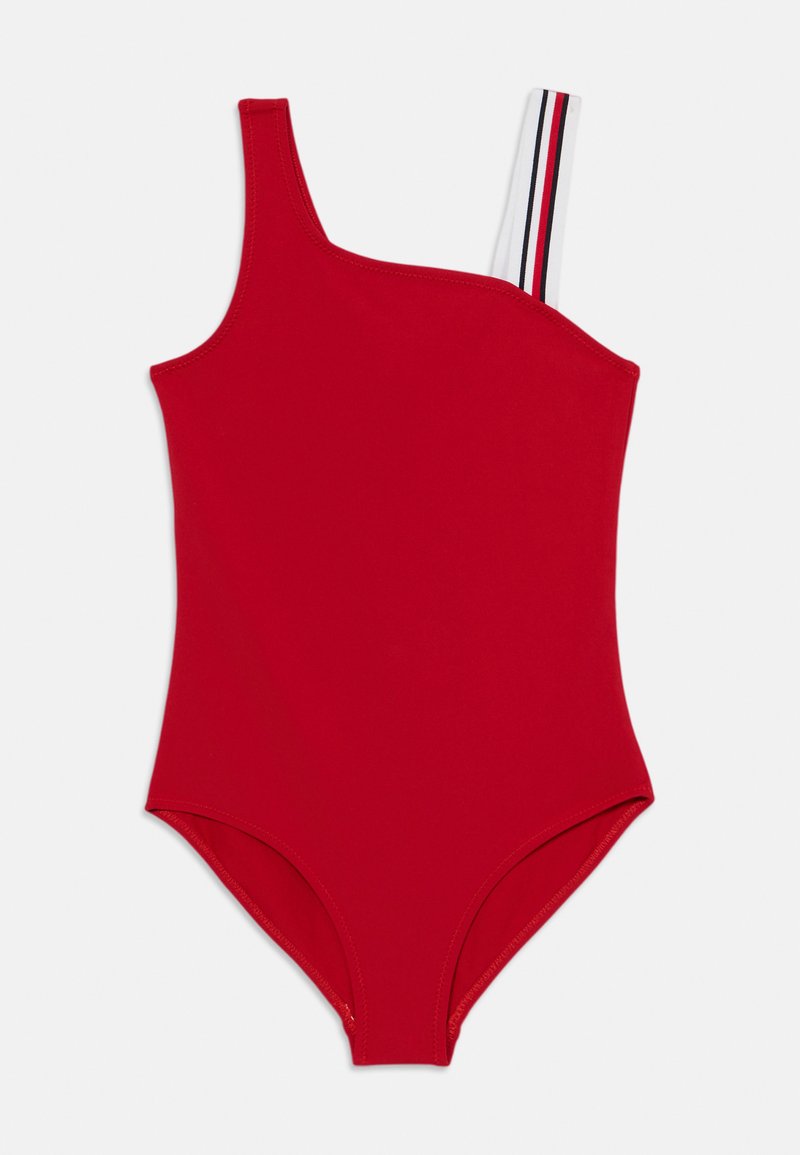 Rode badpak met één schouderband. De band heeft een meerkleurige strook. Glad, rekbaar materiaal.
