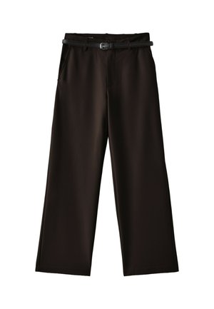 Pantalon noir droit avec une ceinture noire fine et des poches latérales, présenté sur fond blanc.