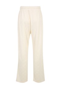 Lichtbeige broek gemaakt van zachte stof, met een subtiel geometrisch patroon, elastische tailleband en wijd uitlopende pijpen.