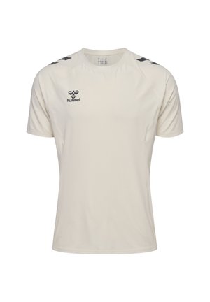 Plain light beige short-sleeve sports T-shirt with black Hummel logo on the chest and chevron designs on both shoulders.