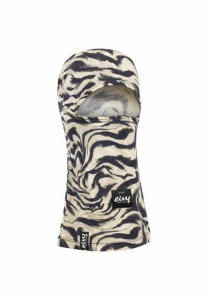 Balaclava in beige en zwart spiraalpatroon, gemaakt van rekbaar materiaal. Heeft een open gezicht ontwerp en een logo label aan de zijkant. Glad oppervlak.