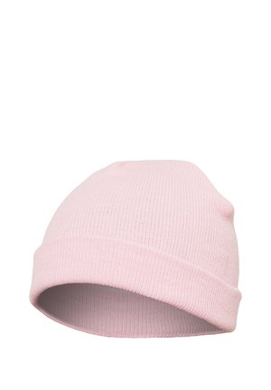 Rosa strikket lue med myk tekstur, som har en opprullet mansjettdesign og en tett passform, ideell for varme og komfort.