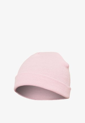Rosa stickad mössa med en mjuk struktur, med design av upprullad kant och en tajt passform, idealisk för värme och komfort.