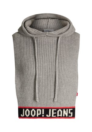 Grauer gestrickter ärmelloser Hoodie mit großer Kapuze, Kordelzug und einem schwarzen, gerippten Saum mit weißem und rotem "JOOP! JEANS"-Logo.