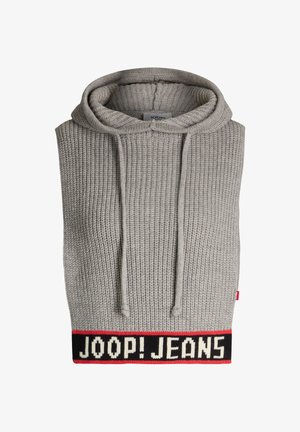 Grauer gestrickter ärmelloser Hoodie mit großer Kapuze, Kordelzug und einem schwarzen, gerippten Saum mit weißem und rotem "JOOP! JEANS"-Logo.