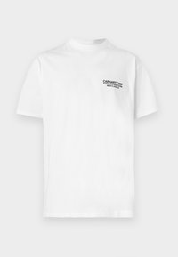 Λευκό κοντομάνικο μπλουζάκι με μαύρο κείμενο "Carhartt WIP Authentic Adaptations New Classics" στην αριστερή πλευρά του στήθους.