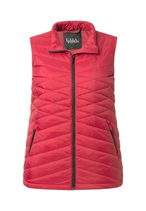 Rode gewatteerde vest met een hoge kraag, frontrits en twee zijzakken. Lichtgewicht stof met een gladde textuur en een diagonaal stikpatroon.