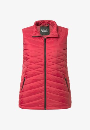 Rød quiltet vest med høj krave, frontlynlås og to sidelommer. Letvægtsstof med en glat tekstur og diagonalt syningsmønster.