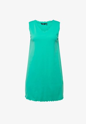 Turkusowa sukienka bez rękawów z dekoltem w serek, textured hem i gładkiego materiału. Prosty krój, do kolan, odpowiednia na codzienne wyjścia.