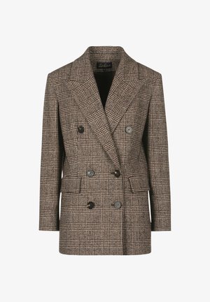 Brown plaid double-breasted blazer with notched lapels, large buttons, and two front pockets. Textured wool blend fabric.