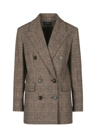 Brown plaid double-breasted blazer with notched lapels, large buttons, and two front pockets. Textured wool blend fabric.