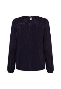 Navyblaues Langarmoberteil mit einem strukturierten Zebra-Streifenmuster, rundem Ausschnitt und einem Schlüssellochverschluss am Rücken. Weicher Stoff.