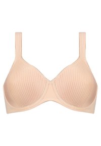 Reggiseno beige con righe verticali, supporto con ferretto, spalline regolabili e texture liscia. Presenta un design senza cuciture per il massimo comfort.