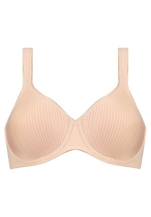 Beige bh med lodrette striber, bøjle støtte, justerbare stropper og glat tekstur. Har et sømløst design for komfort.