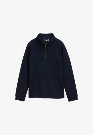 Marineblaues Pullover-Sweatshirt mit hohem Kragen, halbseitigem Reißverschluss und strukturiertem Einsatz an der Brust. Lange Ärmel mit gerippten Bündchen.