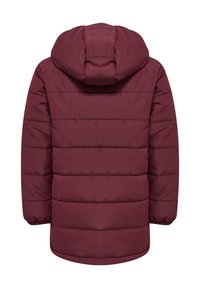 Kurtka pikowana w kolorze bordowym z kapturem, posiadająca pikowany wzór, gładką fakturę oraz elastyczne mankiety. Prosty i funkcjonalny widok z tyłu.