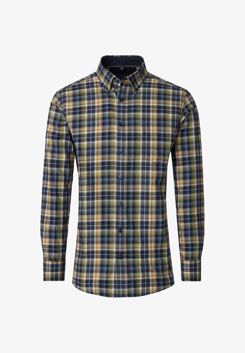 Plaid shirt with long sleeves, features blue, green, yellow, and white checks, button-down collar, and a single chest pocket. Cotton fabric.