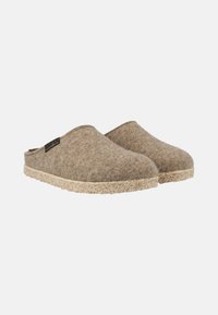 Brown felt slippers with a soft texture, open back design, and textured beige sole. Simple, rounded shape with minimal detailing.