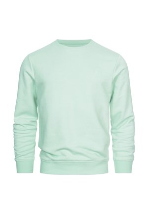 Mint green crewneck sweatshirt made of soft fabric, featuring ribbed cuffs and hem, with a small logo on the chest.