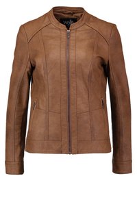 Bruine jas van imitatieleren met een ritssluiting aan de voorkant, ronde halslijn en getextureerde naden. Heeft twee zijzakken en een getailleerde pasvorm.