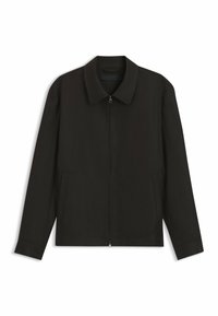 Veste noire à manches longues avec col pointu, fermeture éclair à l'avant et deux poches latérales verticales, posée à plat sur un fond blanc.
