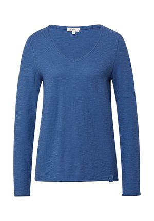 Langärmliges V-Ausschnitt T-Shirt in Blau. Hergestellt aus weichem, strukturiertem Material mit einem dezenten Melange-Muster und einem kleinen Knotendetail an dem Saum.