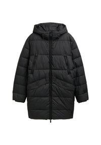 Chaqueta de plumas negra con capucha, cierre frontal de cremallera, dos bolsillos con cremallera en el pecho y dos grandes bolsillos con solapa. Diseño de textura acolchada.