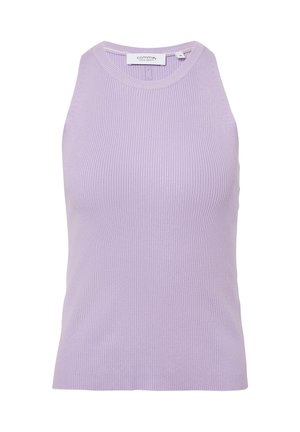 Haut sans manches de couleur lilas, fabriqué en tissu côtelé avec un col rond. Présente une silhouette ajustée et des détails de couture minimes.
