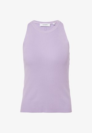 Haut sans manches de couleur lilas, fabriqué en tissu côtelé avec un col rond. Présente une silhouette ajustée et des détails de couture minimes.
