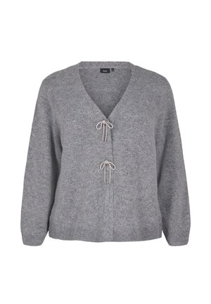 Grau gestrickter Cardigan mit V-Ausschnitt und zwei vorne gebundenen Schleifenverschluss, mit langen Ärmeln sowie geripptem Saum und Bündchen.