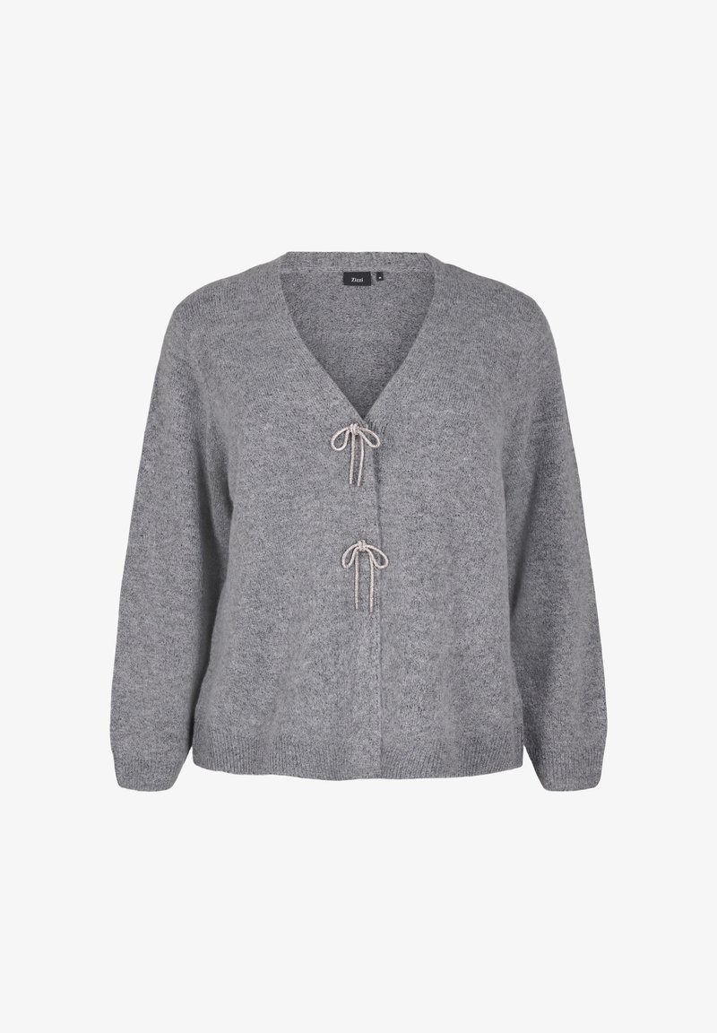 Cardigan gris en maille avec col en V et deux fermetures avant nouées en nœud, avec manches longues et bord-côte à l'ourlet et aux poignets.
