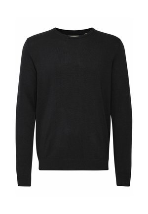 Zwarte lange mouw trui van gladde stof. Bevat een ronde hals, geribbelde manchetten en een eenvoudig, aansluitend design zonder patronen.