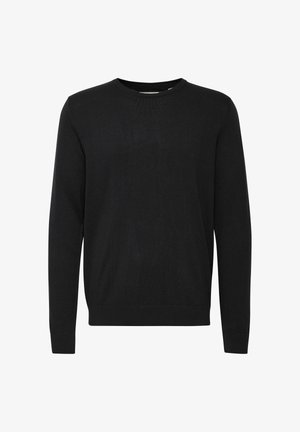 Zwarte lange mouw trui van gladde stof. Bevat een ronde hals, geribbelde manchetten en een eenvoudig, aansluitend design zonder patronen.