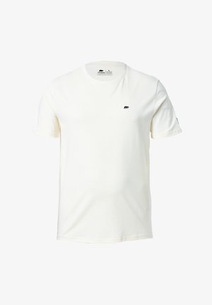 Witte katoenen t-shirt met korte mouwen. Heeft een klein zwart berenlogo op de linkerborst. Lichtgewicht, klassieke ronde hals stijl.