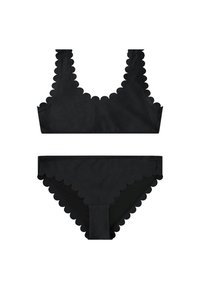 Čierny bikinový set s vrúbkovanými okrajmi na vrchnej a spodnej časti, hladkou textúrou a jednoduchým dizajnom s minimálnym kovovým doplnkom.