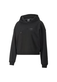 Sudadera corta negra de tejido suave con un bolsillo canguro delantero. Presenta el logotipo en relieve de AMG Petronas en el pecho. Capucha con cordón.