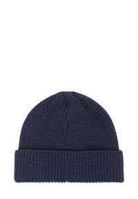 Berretto in maglia blu navy scuro con intreccio texturizzato, dotato di un risvolto per una vestibilità regolabile e una parte superiore senza cuciture.