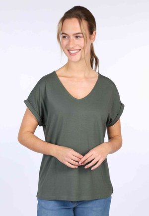 Olivengrünes T-Shirt mit kurzen Ärmeln und V-Ausschnitt, mit gekrempelten Ärmeln. Aus weichem Stoff gefertigt, mit lockerer Passform und geradem Saum.